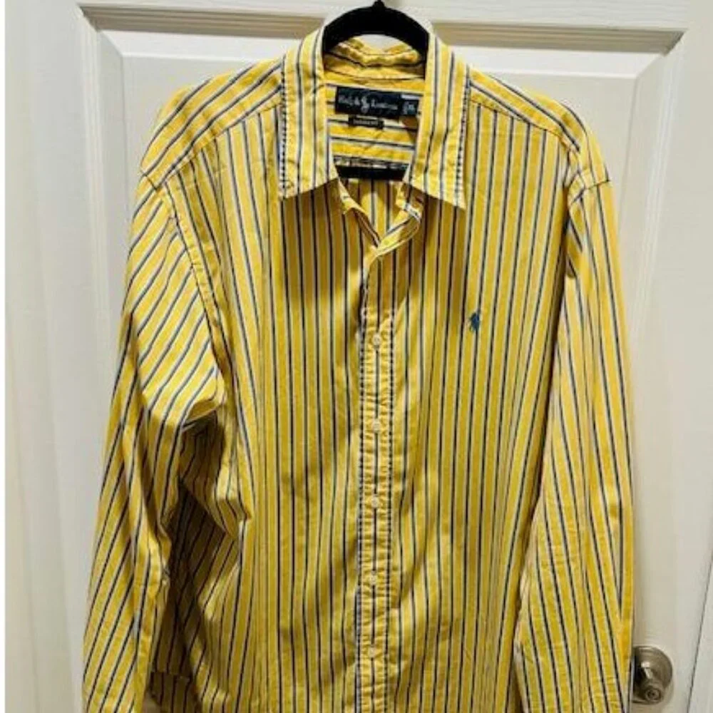 RALPH LAUREN Shirt Mens Yellow Striped Classic Button-Down Preppy